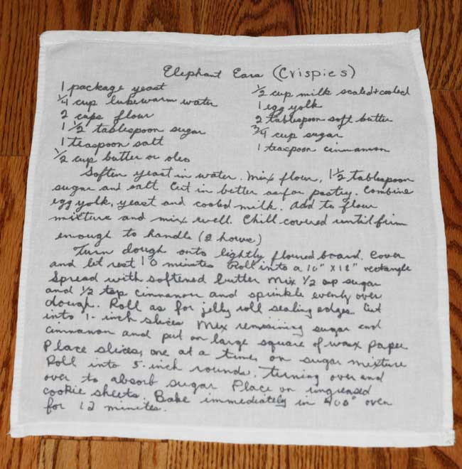 handwritten recipes printed on tea towel