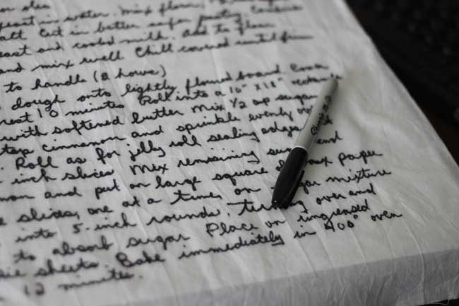 transferring handwritten recipes to a tea towel