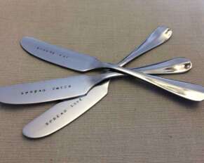 Metal Stamped Cheese Knives - spread love, spread joy, spread cheer