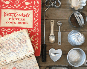 Cherished items from my grandma, her vintage Betty Crocker cookbook, handwritten recipe book and baking tools.