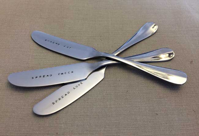 Hand Stamped Cheese Knives – Spread Love, Joy, Cheer!